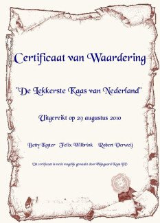Certificaat lekkerste kaas van Nederland